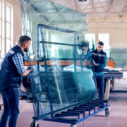 Two workers in a factory move a large glass sheet using a wheeled cart. They are wearing casual work clothes and gloves. The workspace is bright with high ceilings, large windows, and stacks of glass in the background.