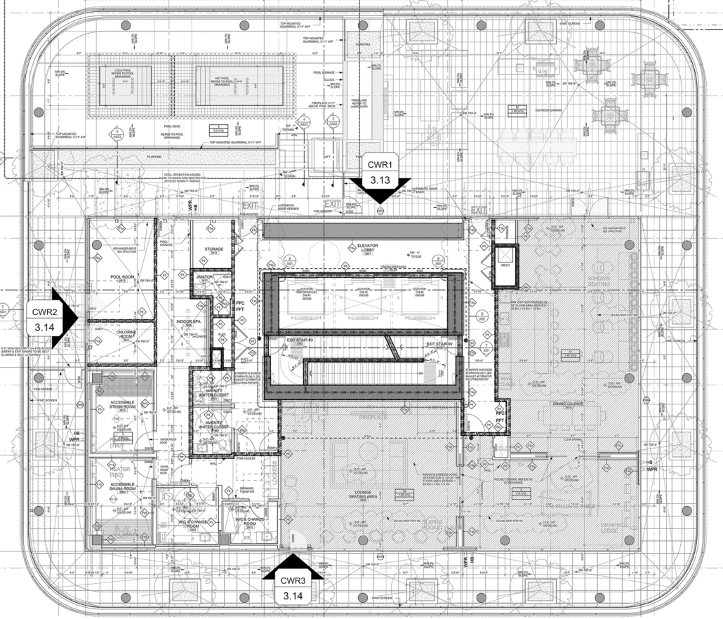 Architectural floor plan of a building, showing detailed layouts of rooms, walls, doors, windows, furniture, and utility placements. Several labeled sections (CWR1 3.13, CWR2 3.14) are marked with black callouts.