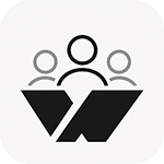 Icon showing three simple human figures above a stylized black W shape, with the central figure bold and the two side figures outlined in grey, suggesting teamwork or a group concept.