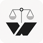 A black and gray scale symbol is centered above two black geometric shapes, forming a minimalist justice or balance icon on a light background.