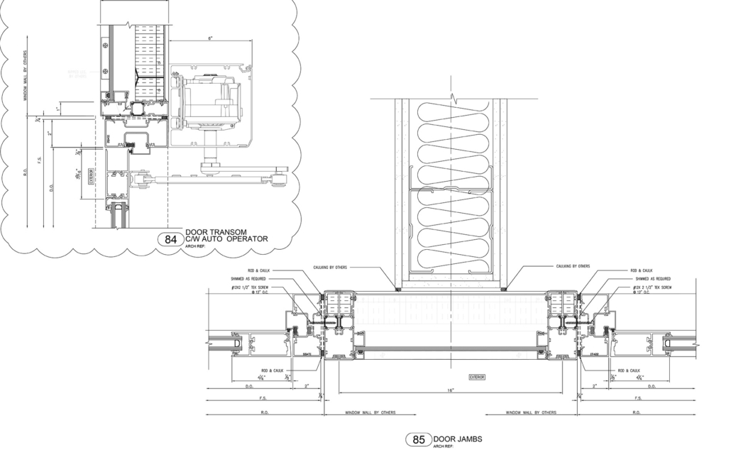 Architectural technical drawing showing detailed section views of a door transom with automatic operator (top left) and door jambs (bottom), including dimensions, components, and construction notes.