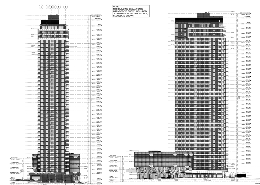 Architectural drawing of a high-rise building showing north and east elevations, with labeled floors, dimensions, windows, balconies, and structural details. The drawing includes a note about colored elevation representation.