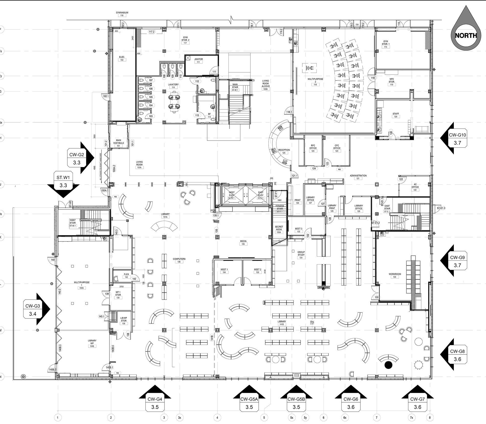 Black-and-white architectural floor plan with labeled rooms, doorways, staircases, elevators, desks, tables, and seating areas. North direction indicated at the top right corner. Multiple mechanical system tags are visible around the plan.